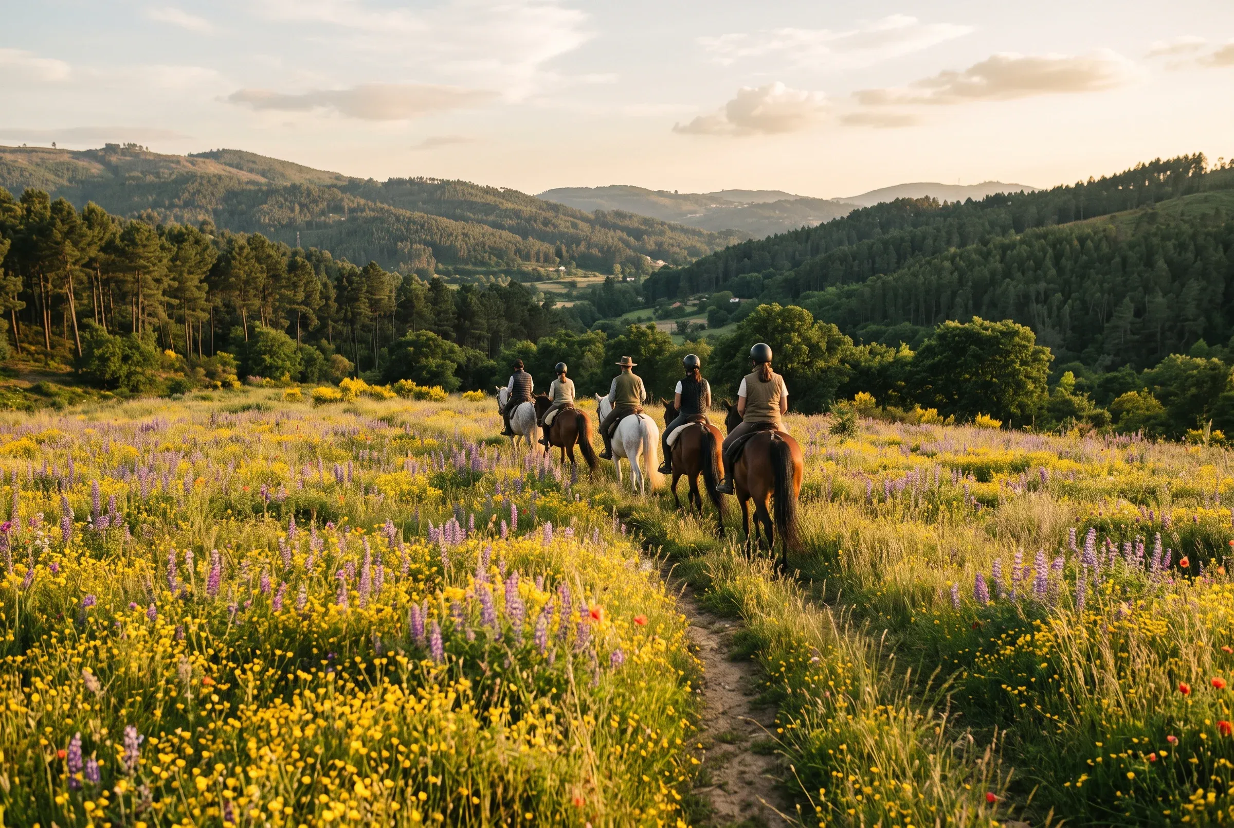 Grupo de cavaleiros a atravessar um campo de flores amarelas e roxas na primavera