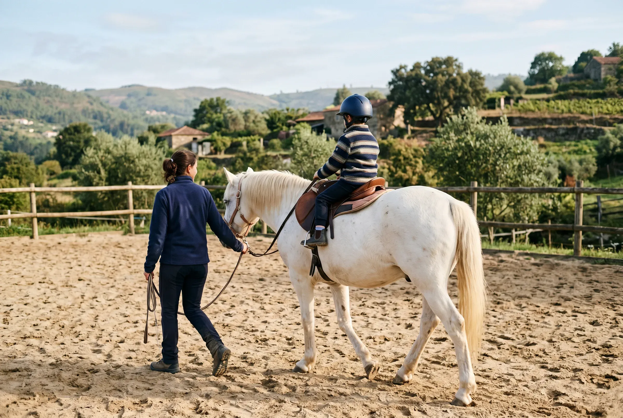 Sessão de hipoterapia na VIANAEQUESTRE, na Areosa, com um praticante a cavalo acompanhado de perto pela equipa