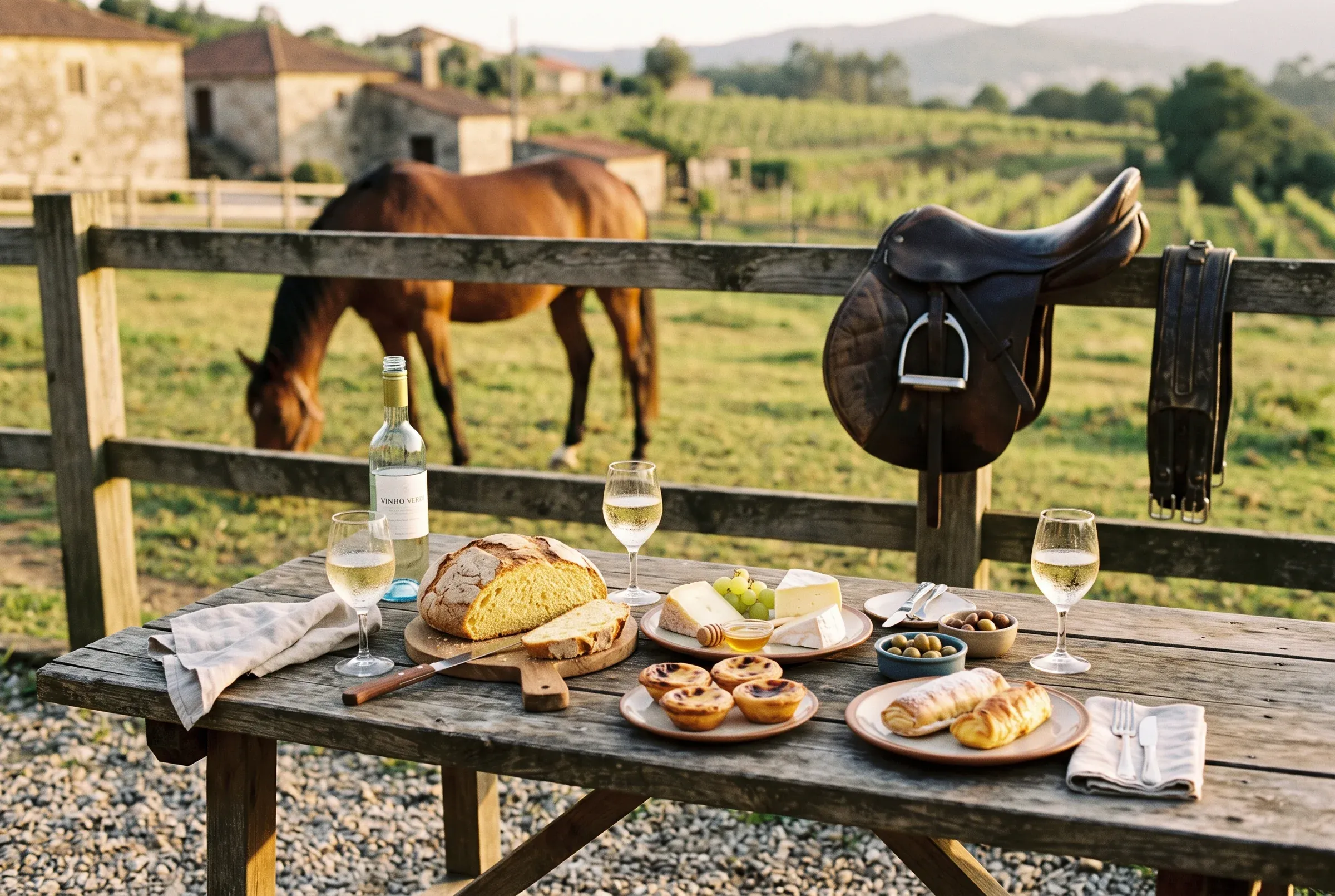 Mesa rústica com vinho verde e petiscos regionais, cavalo ao fundo